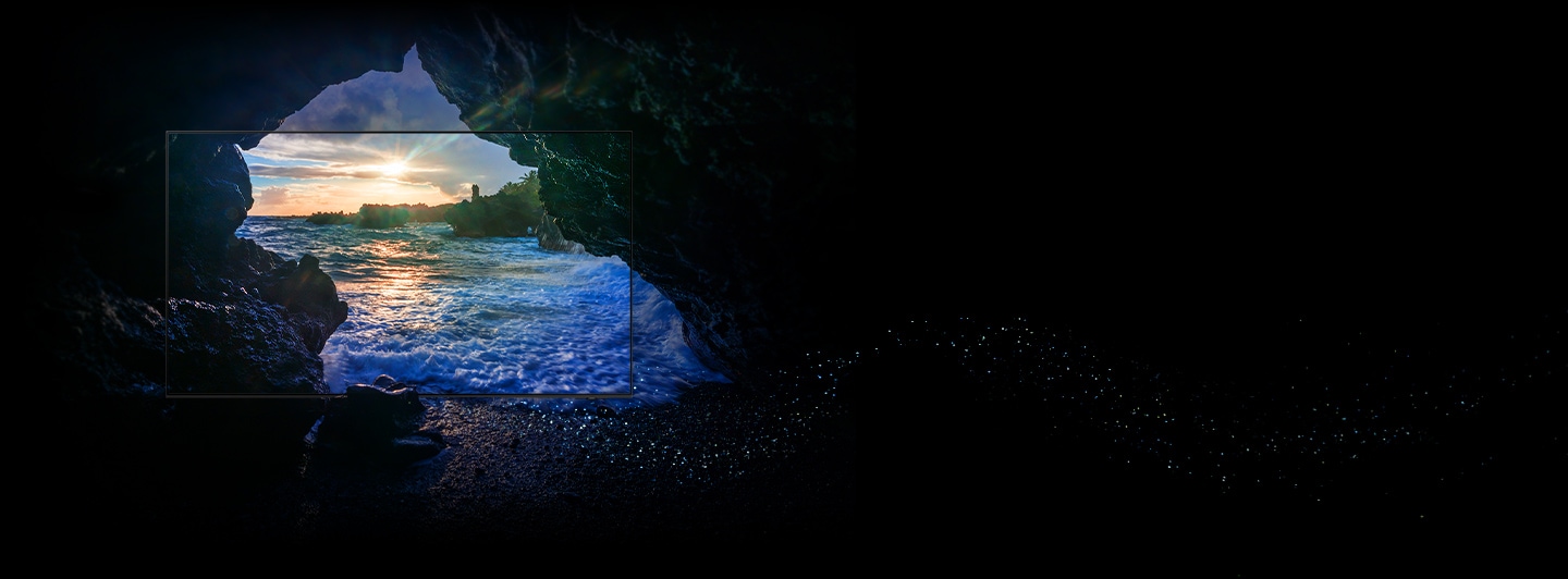 A TV is superimposed over a bright, vivid seaside scene so it looks like it's on screen. Logo reads 30% brighter.