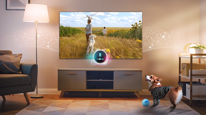 A TV's connected mic detects a dog's presence. The dog looks happy as the TV plays a peaceful scene along with music.