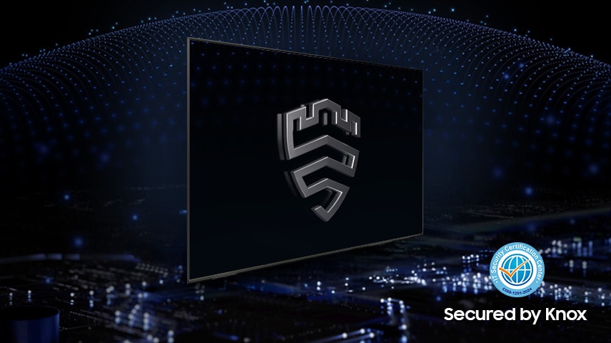 Samsung Knox security logo on a TV screen. Secured by Knox logo.