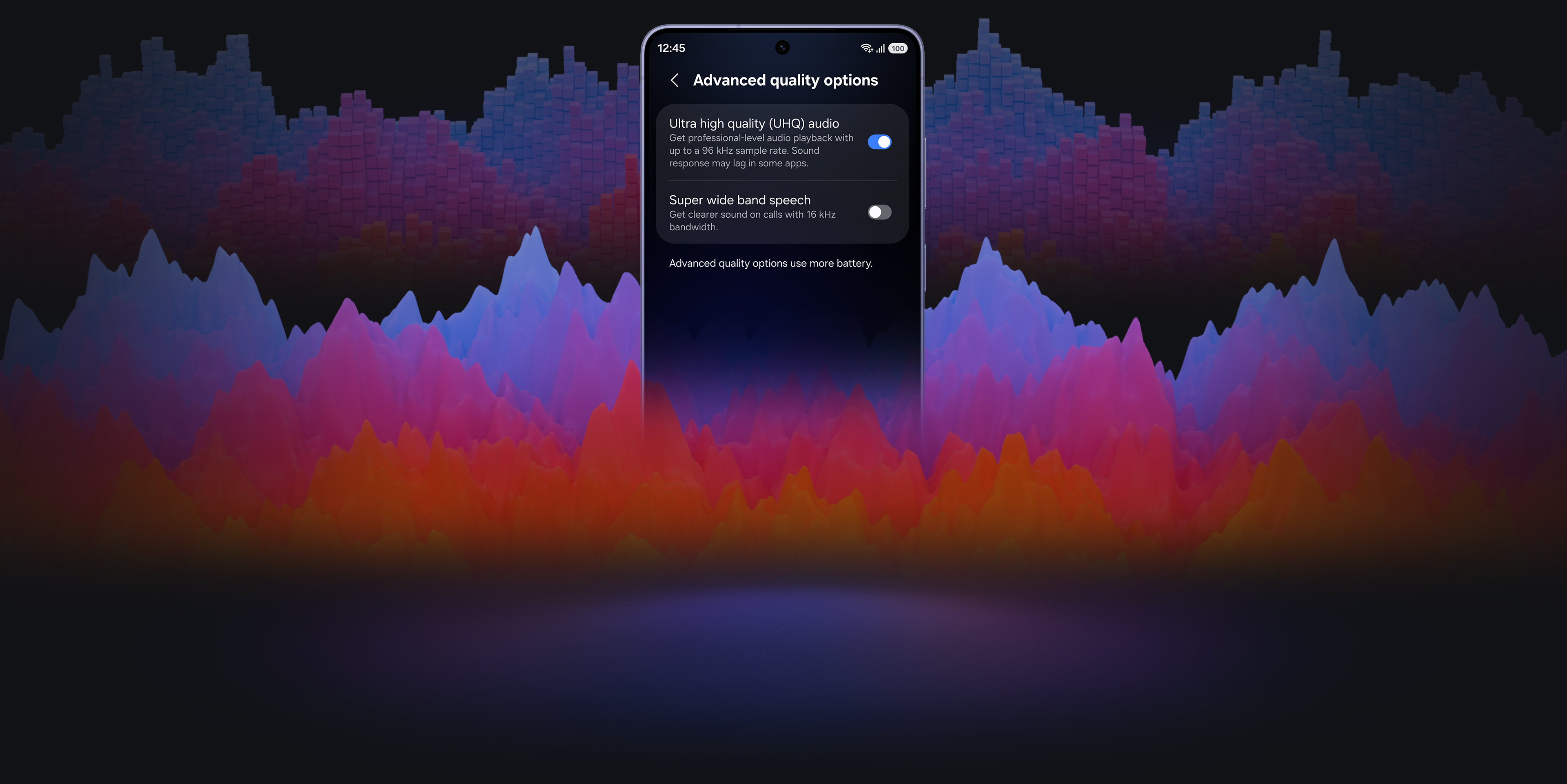 Galaxy smartphone with the 'Advanced quality options' screen open. On the screen, 'Ultra high quality (UHQ) audio' is turned on and the 'Super wide band speech' is turned off. In front of the screen is a pair of white, Galaxy Buds4 Pro.