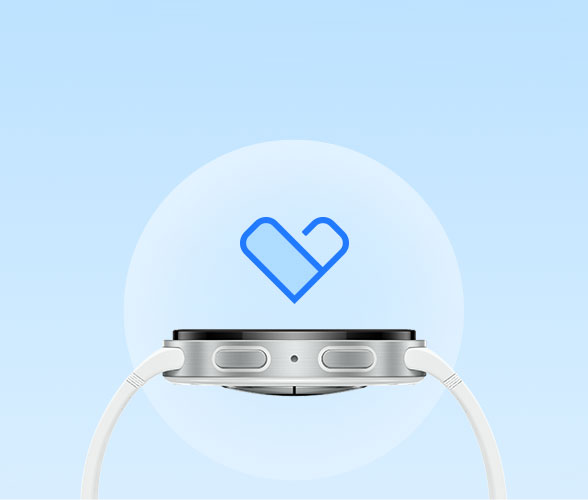 Galaxy Watch8 showing its side view. Above is a heart-shaped icon that indicates Samsung Care+.