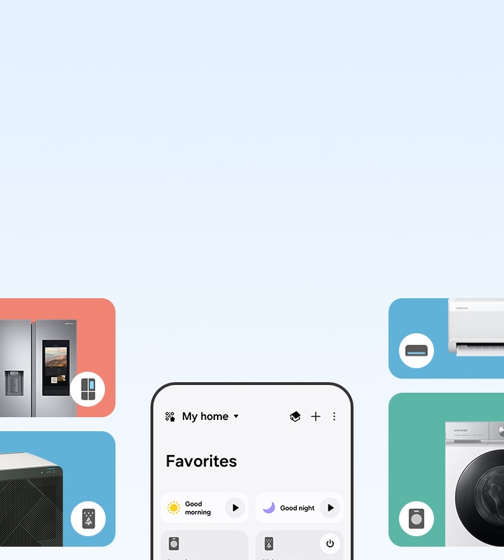 Woman is holding a smartphone with Galaxy Watch on her wrist. 'SmartThings' features can also be seen: Care for Your Pet, Work from Home, Stay Fit and Healthy and Set the Mood.