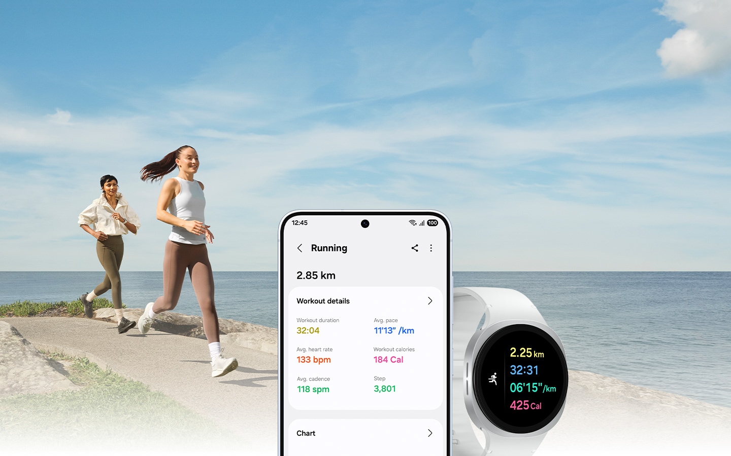 Two people in sportswear running along the ocean. In the middle is smartphone with Running feature onscreen. On the right is Galaxy Watch8 with Running feature onscreen.